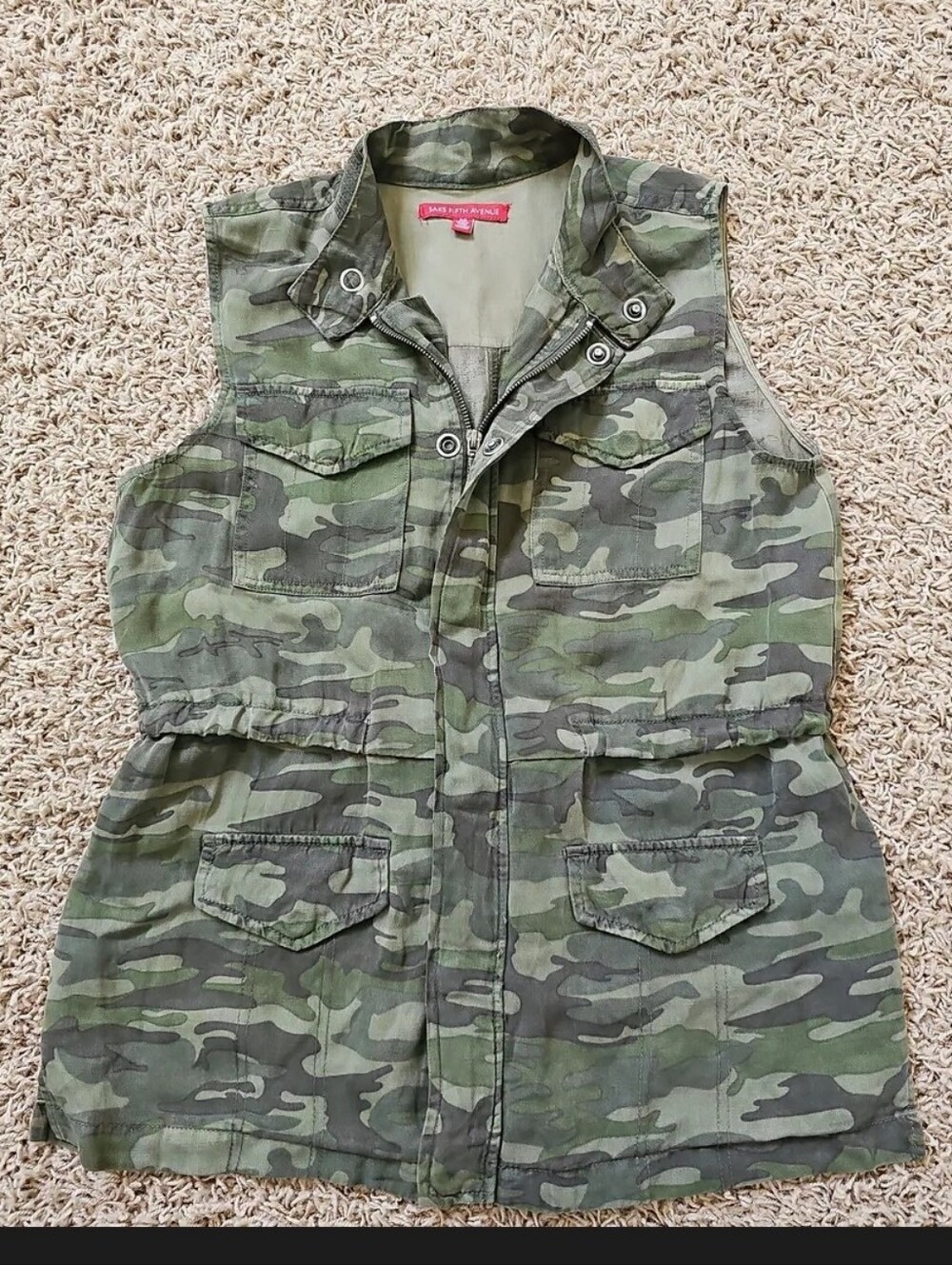 Saks Fifth Avenue Camo Vest Zip Button Sleeveless Medium Tencel & Linen Blend